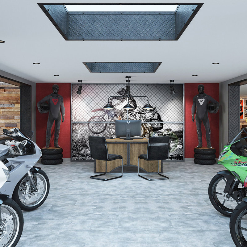 Motorbike showroom area, with red feature walls and concrete style lfoor