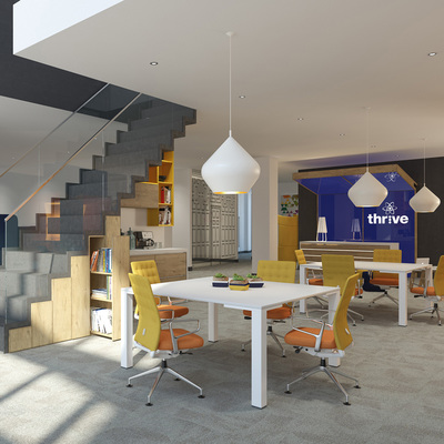 Modern flexible work space with colourful furniture