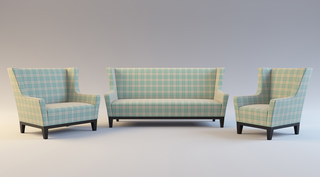 Blue and Cream check sofa and chair set product 3D