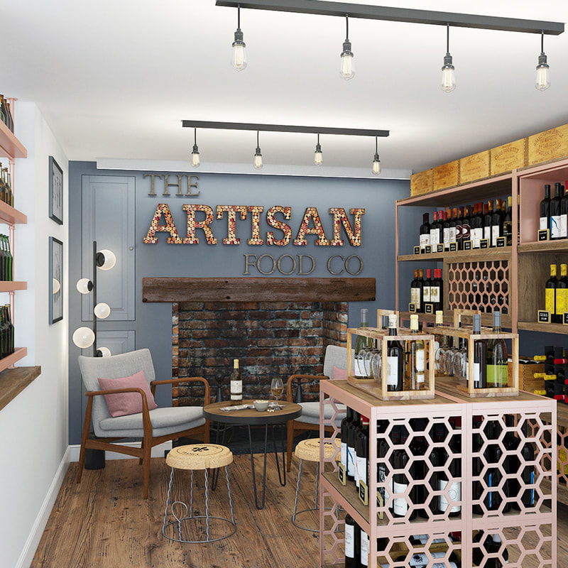 Rustic retail space, with open fire, wine cork signage and bespoke display shelving