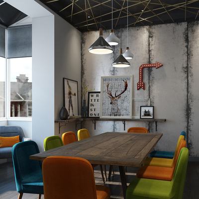 Funky industrial boardroom, with colourful chairs and feature rope ceiling
