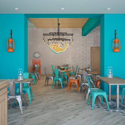 Teal and orange restaurant, with black industrial lighting.