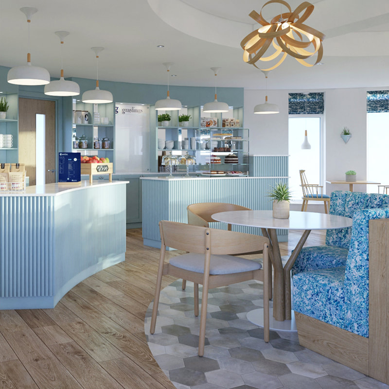 Fish and Chip Restaurant with bespoke joinery and blue feature wall