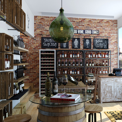 Rustic wine shop, with barrel table, exposed brick feature wall and green blown glass pendant