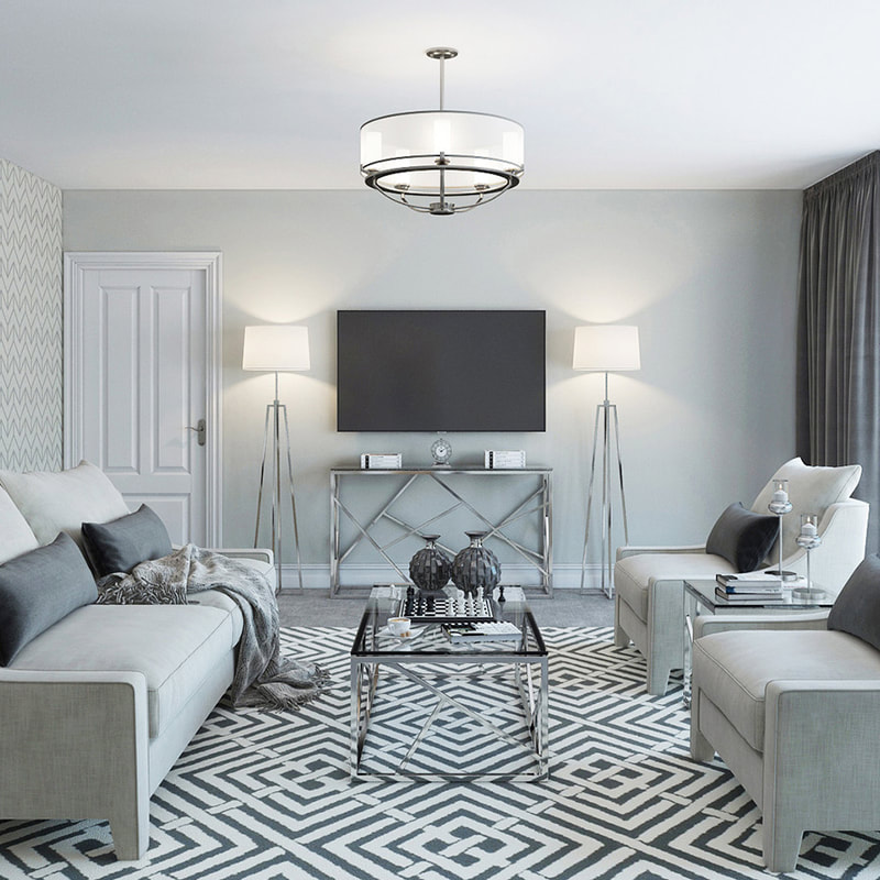 Super lux monochrome lounge, with geometric monochrome rug and chrome furniture