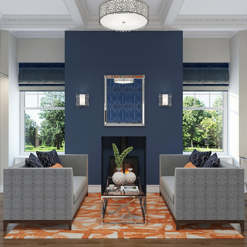 Hotel Reception, blue and orange theme. Dark wood flooring, with orange rug and blue fireplace wall.