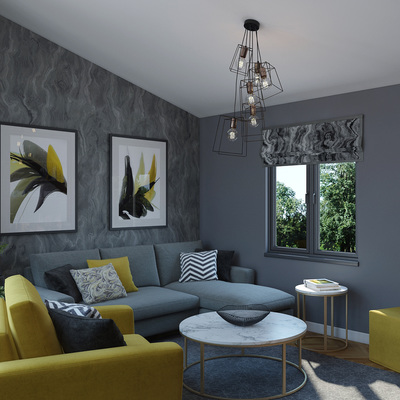 Charcoal and gold coloured lounge in parkhome lounge, with marbled wallpaper and comfy furniture