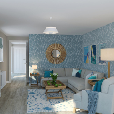 Scandi coastal lounge, with blue floral wallpaper, grey and oak furniture and modern prints