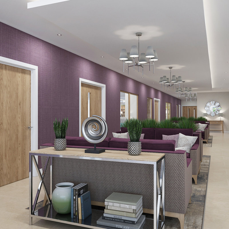 Reception waiting area with purple feature wall and chrome accessories