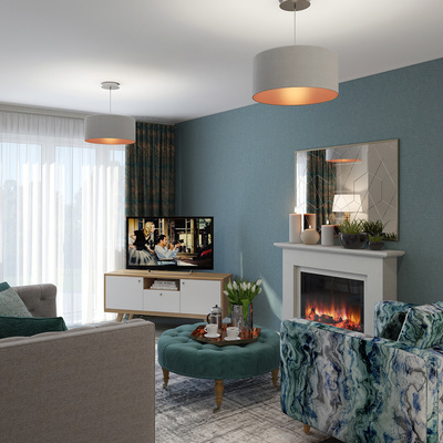 Teal and cream coloured lounge, with teal footstool and teal feature wallpaper