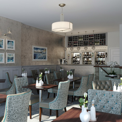 Restaurant bar, with grey panelled walls and teal & cream seating.