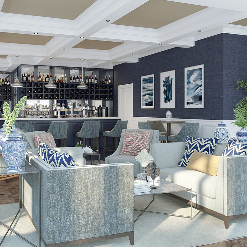 Hotel Bar Lounge, in a blue and white colonial theme. Coffered ceiling, dark wood flooring and classic furniture.